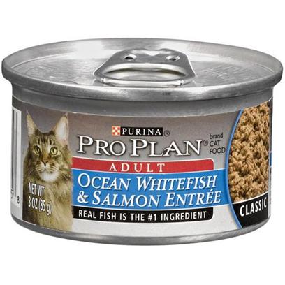 Nestle Purina Petcare Presents Pro Plan Canned Ocean Fish/Salmon for Cats Cat 24 3oz Cans. Analysis Crude Protein (Min) - 11.0 % Crude Fat (Min) - 4.5 % Crude Fiber (Max) - 1.5 % Moisture (Max) - 78.0 % Ash (Max) - 3.5 % Taurine (Min) 0.05 % [28016]