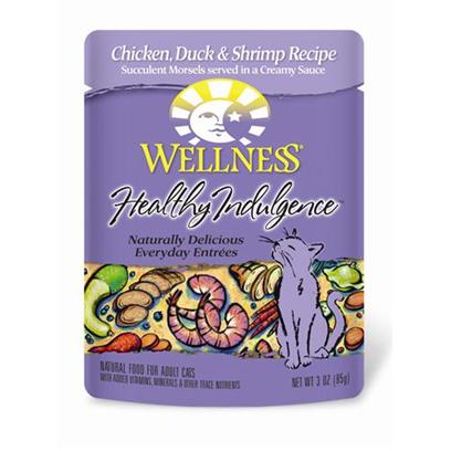 Wellpet Presents Wellness Healthy Indulgence Chicken Duck & Shrimp for Cats 3oz Cans-Case of 24. Analysis Crude Protein Min. 8.0% Crude Fat Min. 4.0% Crude Fiber Max. 1.0% Moisture Max. 82.0% Ash Max. 2.0% Magnesium Max. 0.025% Taurine Min. 0.10% [28142]
