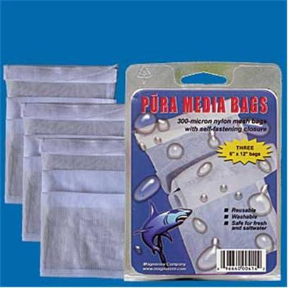 Pura (Magnavore) Presents Pura Media Bags 300 Micron 3pk 6x12'. Pura Media Bags are Designed for Professional Filtration Applications. 300-Micron Mesh Keeps Media in Preventing Fines from Washing out of the Bag. Self-Fastening Closure is Far Superior to Drawstrings and Provides an Additional Leak Proof Safety Factor. Three 6 X 12 in 300-Micron Bags Per Pack. Self Closure & Leak Proof. Washable and Reusable. [28851]