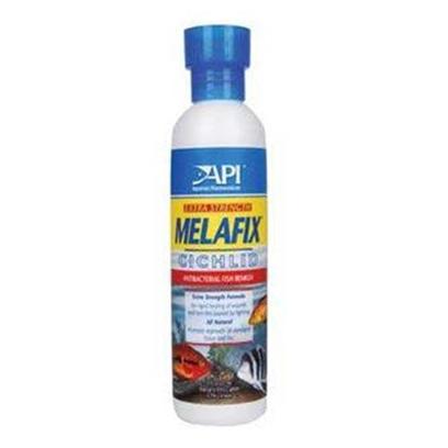 Aquarium Pharmaceuticals Presents Aquarium Pharmaceuticals (Ap) Cichlid Melafix 8oz Extra Strength. A Safe, all Natural Way to Treat Bacterial Infections in Cichlids. Extra Strength Formula Heals Wounds and Torn Fins. A Safe, all Natural Way to Treat Bacterial Infections in Cichlids, Melafix Extra Strength Cichlid Treats Open Red Sores, Open Wounds and Torn Fins Caused by Fighting and Aggressive Territorial Behaviour Due to Breeding. It also Treats Fin & Tail Rot, Eye Cloud, Pop Eye, Body Slime and Mouth Fungus. 8 Oz Treats Up to 474 Gallons (1794 L) [29083]