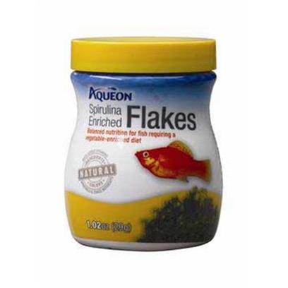Aqueon Presents Aqen Spirulina Flakes 1.02oz. Aqueon Foods Contain only Natural Ingredients and Contain no Artificial Colors. The Colors of the Foods are Attributed to the Actual Ingredients in the Formula, and Help to Bring out the Natural Colors in your Fish, while Keeping them Energetic and Healthy. Guaranteed Analysis Crude Protein (Min).....41% Crude Fat (Min) ..............7% Crude Fiber (Max)...........3% Moisture (Max).................8% Phosphorus (Min)...........1% Ingredients Whole Fish Meal (Whole Salmon, Herring & Other Mixed Fishes), Whole Wheat Flour , Soybean Meal, Spirulina, Whole Dried Krill, Wheat Gluten Meal, Wheat Germ, Corn Gluten Meal, Dried Yeast, Fish Oil, Kelp Meal, Spinach, Garlic, Choline Chloride, Calcium Propionate (a Preservative), L-Ascorbyl-2-Polyphosphate (Source of Vitamin C), Vitamin a Acetate, Cholecalciferol (Source of Vitamin D3), Riboflavin Supplement, Vitamin B12 Supplement, Niacin, Menadione Sodium Bisulphite Complex (Source of Vitamin K Activity), Folic Acid, Thiamine, Pyridoxine Hydrochloride (B6), Calcium Pantothenate, Biotin, Dl-Alphatocopherol (E), Manganese Sulfate, Cobalt Sulfate, Ferrous Sulfate, Copper Sulfate [29322]