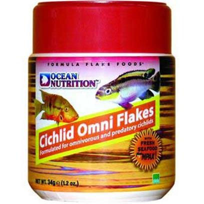Ocean Nutrition Presents Onutr Cichlid Omni Flake 2.5oz. Freshwater. Scientifically Formulated for Omnivorous and Predatory African Cichlids and Other Omnivorous Freshwater Fish. Key Ingredients Include Salmon Fillets, Plankton, Squid, Krill, Clams, Kelp, Herring and Brine Shrimp. [29369]