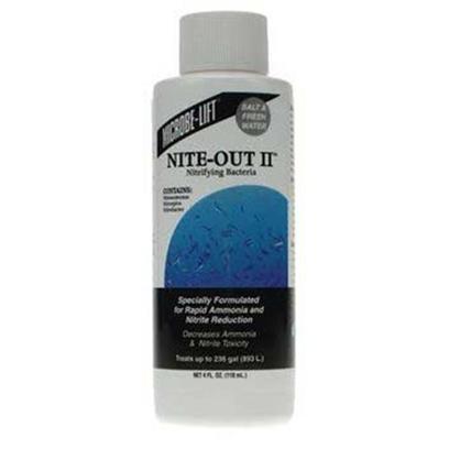 Ecological Labs (Microbe-Lift) Presents Mic Niteout Ii Aquarium 4oz. Reef, Marine & Freshwater Safe Bacterial Products Nitrifying Bacteria Specially Formulated for Rapid Ammonia and Nitrite Reduction Decreases Ammonia and Nitrite Toxicity Designed Specifically for Aquarium Waters that Contain Marine Life. Its Highly-Specialized Microbial Consortium of Nitrifying Cultures are Specially Formulated to Eliminate Ammonia Via a Natrual Biological Process Termed Nitrification. The Cultures will Establish, Promote or Stabilize and Maintain Nitrification in Aquarium Waters, Eliminating the Toxic Effect of Ammonia. This Liquid Nitrifying Bacteria Contains Select Strains of Nitrosomonas, Nitrospira and Nitrobacter. Nitrosomonas Oxidize Ammonia to Nitrite and Nitrobacter and Nitrospira Oxidize Nitrite to Nitrate. Available in 4oz and 16 Oz. [30033]