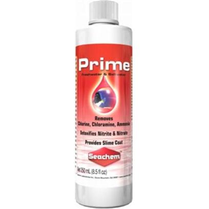 Seachem Laboratories Presents Seachem Prime 100ml. Prime™ is the Complete and Concentrated Conditioner for Both Fresh and Salt Water. Prime™ Removes Chlorine, Chloramine and Ammonia. Prime™ Converts Ammonia into a Safe, Non-Toxic Form that is Readily Removed by the Tank's Biofilter. Prime™ may be Used During Tank Cycling to Alleviate Ammonia/Nitrite Toxicity. Prime™ Detoxifies Nitrite and Nitrate, Allowing the Biofilter to More Efficiently Remove Them. It will also Detoxify any Heavy Metals Found in the Tap Water at Typical Concentration Levels. Prime™ also Promotes the Production and Regeneration of the Natural Slime Coat. Prime™ is Non-Acidic and will not Impact Ph. Prime™ will not Overactivate Skimmers. Use at Start-Up and Whenever Adding or Replacing Water. [30141]