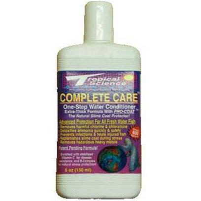 Tropical Science Labs Presents Tr Sci Complete Care Water Conditioner 5oz. Concentrated, One-Step Water Conditioner for Fresh Water. Removes or Detoxifies High Counts of Chlorine, Chloramines, and Ammonia without the Use of Toxic Chemicals Such as Formaldehyde or Alumina. Also Replenishes Slim Coat, Removes Unwanted Heavy Metals, and Supplies a Unique, Biobsorbable Aquatic Vitamin Blend of Stabilized Vitamin C and Complex B2 and B12 for Reduced Stress. Available for Freshwater in 2 Oz., 5 Oz., 64 Oz., 1 Gal., and 5 Gal. [30197]