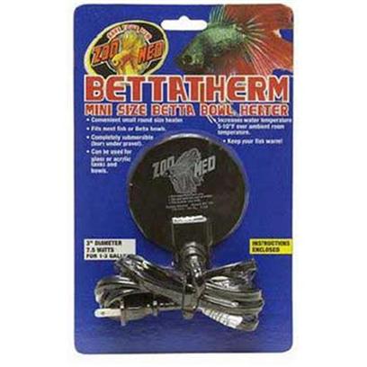 Zoo Med Laboratories Presents Zoo Submersible Betta Bowl Heater 7.5watt Medium (Med) 7.5w. Mini Size Betta Bowl Heater! Completely Submersible (Bury under Gravel). Increases Water Temperature 5-10f over Ambient Room Temperature. Fits Most Fish or Betta Bowls. Can be Used on Both Glass and Acrylic Tanks. [30434]