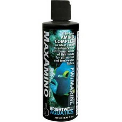 Brightwell Aquatics Presents Brightwell Aquatics (Bwell) Maxamino Amino Acids Complex 8.5oz 250ml. • Unique Complex of 20 Free-Form Amino Acids in the Same Ratios Found Within Tissues of Fishes. • Beneficial to all Marine, Brackish, and Freshwater Fish Species. • Free-Form Amino Acids 1. Encourage Vibrant Coloration. 2. Provide the Building Blocks of Protein in Ideal Ratios to Encourage the Formation of New Tissue, Speeding Up Growth Rates. 3. Encourage New Tissue Growth to Aid in Recovery from Wounds Incurred During Aggressive Encounters with Tankmates or During Spawning Periods. • Increases the Protein Concentration of Fish Foods. • Acts as an Attractant to Encourage Finicky Fishes to Begin Eating New Foods. • Formulated Based Upon Data Compiled by Ichthyologists Researching Tissue Profiles of Various Fishes. • does not Require Refrigeration. • Formulated by a Marine Scientist. Liquid 250-Ml [30802]