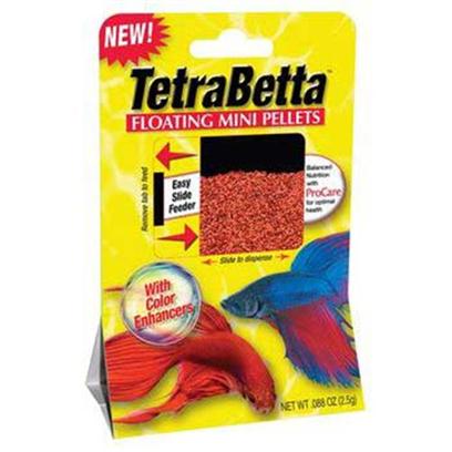 Tetra Usa Presents Tetra Betta Mini Pelet .09oz Pellets. Tetrabetta Floating Mini Pellets Small, Specially Formulated, Highly Palatable, Floating Pellets are an Ideal Staple Diet for Siamese Fighting Fish (Betta Splendens). Packed with Patented Procare for Optimal Health, Tetrabetta Floating Mini Pellets Support your Fish's Immune System with Precise Amount of Select Vitamins and Nutrients. Does not Cloud Water. High in Protein and Omega-3 Fatty Acids for Energy and Growth. Handy Dispenser Package Slides to Portion out Feeding Amounts. Instructions for Use Slide Handle to Dispense Serving. Feed One Serving Per Fish, Twice Daily. Portion may Vary. 0.88 Oz [32262]