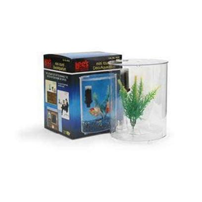 Lee's Presents Lees Mini Round Deco Aquarium. The Clear, Seamless Aquarium Adds to any Room Decor. The Ultimate Set-Up to Enhance any Room of your Home, Office or Dorm. The Self-Centering Removable Lid Features a Feeding Hole with a Self-Latching Pivoting Cover and 2 Airline Tubing Holes. Set Includes Tank, under Gravel Filter, Carbon Cartridge and Decorative Plant. Size 6' Dia. 7-1/4' High Packaging Boxed [32380]