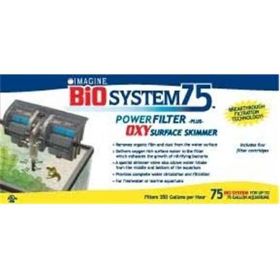 Imagine Gold Presents Imagine Gold (Img) Bio Power Filter with/Skimmer Up to 75 Gallons. Imagine Announces the Most Significant and Innovative Breakthrough in Aquarium Filtration Technology.....The Bio System Power Filter -Plus- Oxy Surface Skimmer Pumps 350 Gph for Use Up to a 75 Gallon Tank Removes Organic Film and Dust from the Water Surface Delivers Oxygen Rich Surface Water to the Filter which Enhances the Growth of Nitrifying Bacteria a Special Skimmer Valve also Allows Water Intake from the Middle and Bottom of the Aquarium Provides Complete Water Circulation and Filtration for Freshwater or Marine Aquariums Includes 4 Bio 3 Filter Cartridges [33627]