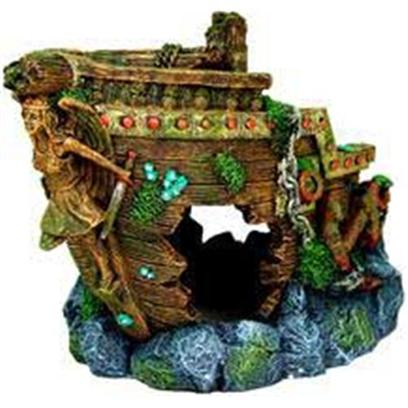 Blue Ribbon Presents Blue Ribbon (Br) Jumbo Bow Shipwreck Resin Ornament-Jumbo. Ideal for Aquariums & Terrariums. Large Swim through Holes. [33933]