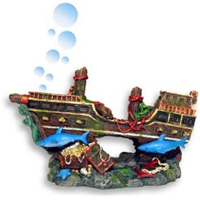 Blue Ribbon Presents Resin Ornament-Pirate Shipwreck with Sharks Bubbler Pirate. Pirate Shipwreck Bubbler with Sharks & Treasure Chest - Airline Connector Included 5.5 X 2.75 X 3.25 [34036]