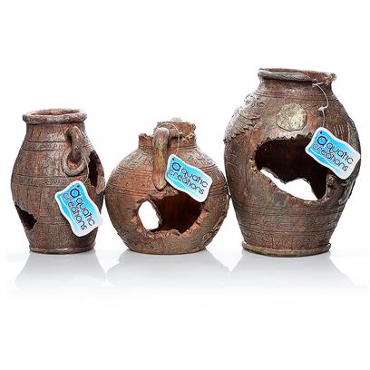 Aquatic Creations Presents Zan Ornament-Ancient Vase Resin 3. Ancient Vase 3 Functions as a Decoration, Fish Hideaway and Playground for your Aquarium. Thehollow Vase has Room for Plants, Rocks and Fish. The Double Handle and Hollow Design Allow your Fish to Swim in and out with Ease. Hieroglyphics are Detailed and the Broken Top Gives it a Historic Appeal. 6.1" X 5.9" X 5.9" [34153]