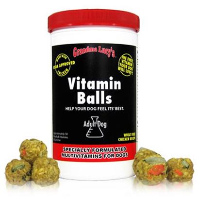 Grandma Lucy's Presents Grandma Lucy's Vitamin Balls Adult-10oz (Beef). Grandma Lucy's Vitamin Balls are a Great Way to Ensure that your Dog Receives all of her Necessary Daily Vitamins and Minerals. Enhanced by their Meatball Recipe, Vitamin Balls from Grandma Lucy are Packed with the Nutrients Needed to Help with her Healthy Growth. Prepared with the Same Savory Ingredients as Always, Grandma Lucy's Vitamin Balls are Sure to Get any Dog's Attention. Made with your Pet's Welfare in Mind, Grandma Lucy's Vitamin Balls are the Best Choice to Help your Dog Become Stronger in Mind and Body. Grandma Lucy's Vitamin Balls Puppy/Small Dog Chicken 10z, Grandma Lucy's Vitamin Balls Adult Chicken 10oz Primary Protein Sourcechickenprimary Carb Sourcechicken Analysiscrude Protein (Minimum) - 20%Crude Fat (Maximum) - 16%Crude Fiber (Maximum) - 1.4%Moisture (Maximum) - 2% Grandma Lucy's Vitamin Balls Puppy/Small Dog Beef 10oz, Grandma Lucy's Vitamin Balls Adult Beef 10oz Primary Protein Source Beefprimary Carb Sourcebeef Analysiscrude Protein (Minimum) - 20%Crude Fat (Maximum) - 16%Crude Fiber (Maximum) - 1.4%Moisture (Maximum) - 2% [35354]