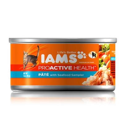 P&G Presents Iams Proactive Pate Seafood Sampler Cat Food 3oz Cans/Case of 24. Iams Proactive Pate Seafood Sampler Cat Food,Canned Recipes from Iams Give your Pet the Taste and Nutrition of a Homemade Meal. With Real Broth in Every Healthy Bite, your Pet will Find Mealtime Irresistible. Iams Canned Recipes are Made from Natural Ingredients Slow-Cooked in Real Broth Plus Added Vitamins and Minerals. [35545]