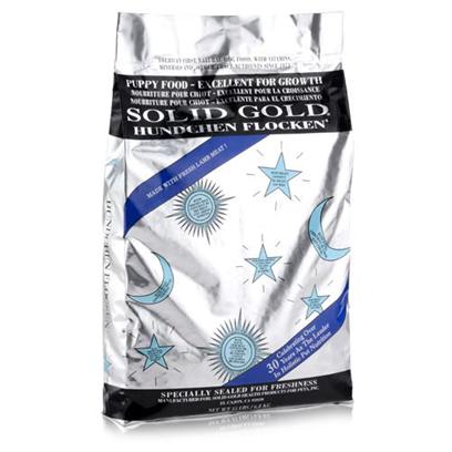 Solid Gold Presents Solid Gold Hundchen Flocken Puppy Dry Food Pup 33lb. Hundchen is One of the Most Highly Recommended Puppy Foods from Solid Gold. Made from 100% Natural Quality Ingredients, your Pup is Sure to Get Lots of Vitamins and Minerals from Every Kibble he Eats. Composed of Barley, Rice, Canola Oil, and Fish and Lamb Meal, Hundchen is Certified to be High-in-Protein and Easy-to-Digest, which Helps Improve your Pet's Immune System. Approved by the Association of American Feed Control Officials (Aafco) as a Complete and Balanced Meal, Solid Gold's Hundchen is a Great Choice to Make your Cute Puppy Happy and Healthy. [35587]