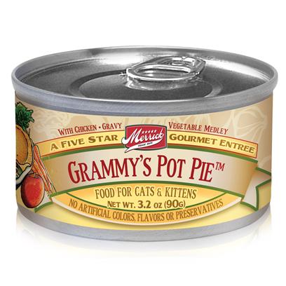 Merrick Pet Care Presents Merrick Grammy's Pot Pie Canned Cat Food 5.5oz can/Case of 24. Grandma Knows how to Make her Family Feel Loved, and that’S Why Merrick Gives your Pet Grammy’S Pot Pie Canned Food. Made from Grandma’S Special Pot Pie Recipe, your Best Friend will Definitely Enjoy the Blend of Flavors from Carefully Chosen Natural Ingredients. Keeping in Mind your Pet’S Sensitive Health, Merrick Ensures she Gets the Nutrients her Body Needs to Help her Maintain her Vitality and to Help Protect her from Certain Types of Diseases. Everybody’S Favorite Granny Recipe is Now Made Available for your Pet to Enjoy; Merrick’S Grammys Pot Pie is Another Delectable Meal that she will Surely Savor. Primary Protein Source Chicken Primary Carb Source Chicken Analysis Moisture (Max)81.00% Crude Protein (Min)9.00% Crude Fat (Min)4.00% Crude Fiber (Max)1.00% [35696]