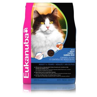 P&G Presents Eukanuba Cat Indoor Weight Control & Hairball Relief 16lb Bag. All our Cat Products, Including Indoor Weight Control & Hairball Relief, Contain the Prebiotic Fos to Support your Cat’S Strong Defenses. It’S just an Example of the Scientific Nutrition that Goes into Every Bite.Recommended Foradult Cats that Live Exclusively Indoors.Product Descriptioneukanuba® Indoor Weight Control & Hairball Relief Contains L-Carnitine, which is Proven to Help Reduce Body Fat and Helps your Overweight Cat Burn Up to 6% Extra Body Fat and Maintain Lean Muscle Mass. Eukanuba® Indoor Weight Control & Hairball Relief is the only Indoor Cat Diet Formulated with Real Chicken as the Main Protein Source, not Vegetable Protein, and has a Proven Fiber System that Reduces Hairballs by Up to 21%. [35832]