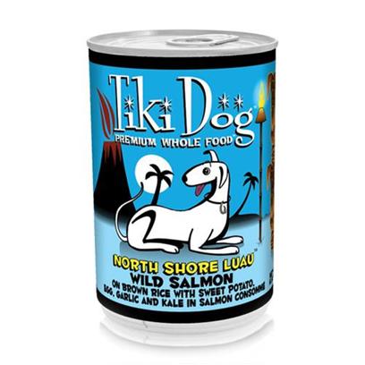 Petropics Presents Tiki Dog North Shore Luau Salmon Canned Food 14oz Cans/Case of 12. Wild Salmon on Brown Rice with Sweet Potato, Egg, Garlic and Kale in Salmon Consomme'.Tiki Dog Gourmet Whole Food Brand Dog Food North Shore Luau is Shredded Wild Caught Vancouver Salmon on Brown Rice Topped with Sweet Potato, Egg, Garlic and Kale Prepared in Salmon Consommé for a Low Grain, Gravy Free, One Percent Carb Meal. [35950]