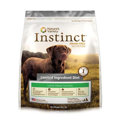 Nature's Variety Presents Nature's Variety Instinct Limited Ingredients Diet Lamb Meal Dry Dog Food 25.3lb. Pure, Instinctive Nutrition for your Dog Nature’S Variety Instinct Grain-Free Limited Ingredient Lamb Meal Formula Dry Dog Food is Specifically Developed to Provide Dogs of all Breeds, Sizes, Life Stages and Activity Levels with Balanced and Complete Daily Nutrition Necessary for Health Maintenance. Ideal for Dogs with Sensitive Stomachs, this Limited Ingredient Diet only Contains One Single Protein and One Single Hypoallergenic Starch Along with Low-Allergen Canola and Coconut Oils. Formulated with the Savory Lamb Meal that Dogs Love, this Holistic Dog Food also Contains a Blend of Essential Vitamins, Minerals and Nutritious Oils, which Promote the Development of Healthy Muscles and Strong Bones. This Formula is also Highly Digestible, Grain-Free and Gluten-Free, which Helps to Provide Relief from Common Types of Dog Food Allergy Symptoms. Plus, Each Piece of Instinct Lamb Formula Kibble has been Coated with a Unique Blend of Nature Variety Freeze Dried Raw Food for Added Nutrition and the Delicious Flavor that all Dogs Love. Nourish your Dog with Flavorful, Delicious and Healthy Meals that they Need and Deserve by Feeding them Instinctively with Nature’S Variety Instinct Grain-Free Limited Ingredient Diet Lamb Meal Formula Dry Dog Food. [36047]