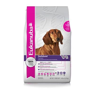 P&G Presents Eukanuba Dachshund Dry Dog Food 14lb Bag. Eukanuba Dachshund Adult Dog Food is Specifically Made for Adult Dachshund's and is also Ideal for Corgis, Dandie Dinmont Terriers, Australian Terriers, Skye Terriers and Petit Basset Griffon Vendeens. Omega Fatty Acids Natually Support a Dachshund's Short Legs and Long Back and Proprietary Levels of L-Carnitine Help Naturally Burn Fat. Extra Essentail Dental Minerals Help Maintain Strong and Healthy Teeth.Eukanuba Dachshund Adult Dog Food is a Scientifically Advanced Formula Dog Food for Peak Performance.Healthy Benefits Include Dentadefense - 3d Dentadefense is Proven to Reduce Tartar Build Up in 28 Days. Optimal Digestion - Fiber from a Blend of Natural Beet Pulp and Prebiotic Fos Promotes Nutrient Absorption and Digestive Health Immune Health - Antioxidants Help Promote your Dog's Immune System and Keep it Strong. Strong, Lean Muscles - High Quality Animal-Based Proteins Help Build Strong, Lean Muscles to Target Optimal Body Condition. Strong Bones - Contains Calcium to Promote Strong Bones. Optimal Weight - Excellent Nutritional Balance of Fats, Carbohydrates, Vitamins & Minerals and Protein. Skin & Coat - Contains Omegacoat, Guaranteed Optimal Levels of Omega 6 and 3 Fatty Acids Promote Healthy Skin and Radiant Coat.The Eukanuba 3d Dentadefense Kibbles Brush Teeth Reducing Plaque, and they have Micro-Cleansing Crysals to Reduce Tartar Build-Up… Keeping Teeth Healthy. Just Like you, your Dog can Benefit from Preventative Measures to Help Keep Teeth and Gums Healthy Like Prefessional Check-Ups and Cleaning by your Vet, Daily Brushing and Diets and Treats that Offer Extra Cleaning Benefits Like Eukanuba 3d Dentadefense. [36105]