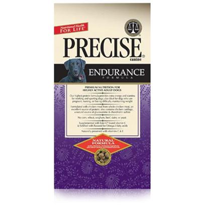Precise Presents Precise Canine Endurance 30/20 40lb Bag. Precise Canine Endurance is a Formula Made for Dogs that Need an Energy Boost. Containing 30% More Protein than the Usual Meal, Precise Canine Endurance Helps to Increase your Dog's Stamina and Maintain his Weight. In Addition, this Meal Uses only Top Quality Ingredients, from the Chicken Meat to the Grains that are Certified Easy-to-Digest. Providing your Pet with More Energy is Made Easier than Ever with the Endurance Formula from Precise. Primary Protein Source Chicken Primary Carb Source Chicken Analysis Crude Protein (Min) 30.00%; Crude Fat (Min) 20.00%; Crude Fiber (Max) 3.50%; Moisture (Max) 10.00%; Calcium (Min) 1.35%; Phosphorus (Min) 1.10%; Omega-6 Fatty Acids (Min) 3.60%*; Omega-3 Fatty Acids (Min) 0.58%*; Ascorbic Acid (Vitamin C) (Min) 25 Mg/Lb*; Glucosamine (Min) 350 Mg/Kg*; Chondroitin Sulfate (Min) 275 Mg/Kg [36122]