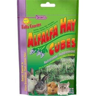 Fm Browns Presents Fm Browns (Brn) Alfalfa Cubes Falfa Cravins Hay 16oz. Our Easy-to-Eat Alfalfa Treat Cubes is a Valuable Source of Protein and Fiber, Plus it's Low in Fat. 20 Oz. [36347]