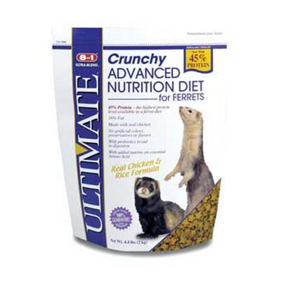 8 in 1 Presents Ferret Ultimate Ultrablend Diet 4.4lb (Stand-Up Bag). 8in1 is the One-Stop Shopping Supplier for Ferret Products. From a Complete Line of Diets Formulated to Meet Ferrets' Distinct Dietary Needs, to a Wide Array of Treats, Health Care Products and Grooming Products, 8in1 is Sure to Meet the Ferret Owners' Every Need. Ultimate Crunchy Diet Now with 45% Protein-the Highest Protein Level Available in a Ferret Diet. Protein is Derived from High Quality Animal Proteins Including Real Chicken and Egg. Formulated with the Optimum Levels of Taurine, Fat and Lanolinic Acid to Provide Energy and a Healthy Coat, with Probiotics to Aid with Digestion. No Artificial Preservatives, Colors or Flavors. [36744]
