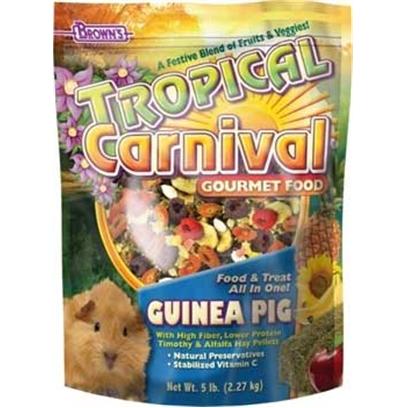 Fm Browns Presents Tropical Carn Gourm Guinea Pig Food 6pc 5lb. Tropical Carnival Gourmet Food is a Vitamin and Nutrient Fortified Food and Treat, all-in-One; that Provides an Enticing and Stimulating Eating Experience for your Pet. We have Created the Ultimate, Super-Premium Gourmet Food; Jam-Packed with a Medley of Delicacies to Satisfy the Hunger Cravings in your Pet. From Mangos to Bananas, Carrots to Peas, Pistachios to Almonds, and Pasta to Macaroni Wheels, we have Added only the Finest Ingredients, as Well as, Beneficial Pro-Biotics to Ensure Proper Digestion. All of this Adds Up to a Great Tasting, Hearty Food your Pet will Find Nutritious and Irresistible. 3 Lb [36764]