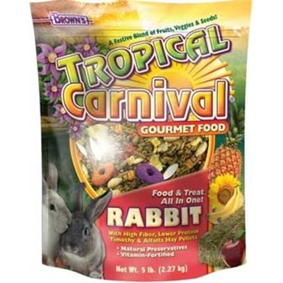 Fm Browns Presents Tropical Carn Gourm Rabbit Food 6pc 5lb. Tropical Carnival Gourmet Food is a Vitamin and Nutrient Fortified Food and Treat, all-in-One; that Provides an Enticing and Stimulating Eating Experience for your Pet. We have Created the Ultimate, Super-Premium Gourmet Food; Jam-Packed with a Medley of Delicacies to Satisfy the Hunger Cravings in your Pet. From Mangos to Bananas, Carrots to Peas, Pistachios to Almonds, and Pasta to Macaroni Wheels, we have Added only the Finest Ingredients, as Well as, Beneficial Pro-Biotics to Ensure Proper Digestion. All of this Adds Up to a Great Tasting, Hearty Food your Pet will Find Nutritious and Irresistible. 3 Lb [36769]