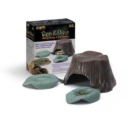 Lee's Presents Den & Dine (Hiding Stump Two Leaf-Shaped Dishes). Den & Dine Offers Tree-Like Stump for Shelter or Hiding with 2 Leaf-Like Dishes that Secure to the Base of the Stump. [36842]