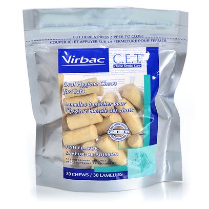 Virbac Presents C.E.T. Oral Hygiene Chews for Cats Fish Flavor-30. Home Dental Care is as Important for your Pets as it is for You. A Program of Oral Hygiene and Regular Professional Care can Prevent Problems that Might Occur as the Result of Plaque and Tartar Buildup. Routine Home Dental Care should be a Part of Every Pet's Health Care Program. Cet Cat Chews is as Simple as Giving a Daily Treat, Great Tasting Cet Cat Chews, Featuring the Exclusive Dual-Enzyme System. This System has a Natural Antiseptic Plus an Abrasive Texture that Works with the Cat's Chewing Action to Reduce Plaque and Loosen Tartar. Use Cet Cat Chews Daily as a First Step Toward Oral Hygiene or on Those Days when Brushing Isn't Possible to Keep Breath Fresh and Teeth Clean. The Cet 3 Easy Option Method Provides Dental Care Options for all Pets, Regardless of Size, Age, Temperament, or Time Constraints of Busy Owners. Begin where you and your Pet are Most Comfortable, or Use all 3 Options in Combination for Fresh Breath, Cleaner Teeth and Better Health for you Pet. Try the Cet Oral Hygiene Rinse and Cet Toothbrush and Toothpaste to Complete the 3 Easy Options to Better Oral Health. [37207]