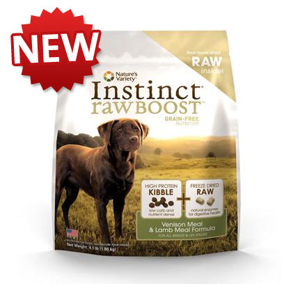 Nature's Variety Presents Nature's Variety Instinct Raw Boost Grain Free Venison Meal & Lamb Formula Dry Dog Food 12.3 Lbs. Nature's Variety Instinct Raw Boost Grain Free Venison Meal & Lamb Meal Formula Dry Dog Food. Instinct® Raw Boost™ is the First Ever Grain-Free Kibble with Freeze Dried Raw in the Same Bag. It's Never been More Convenient to Nourish your Dog with the Nutrition of Raw. The Grain-Free Kibble Provides High Protein Nutrition Along with Freeze Dried Raw Pieces to Give your Dog a Bite-Sized Boost of Healthy Raw Food. [37220]
