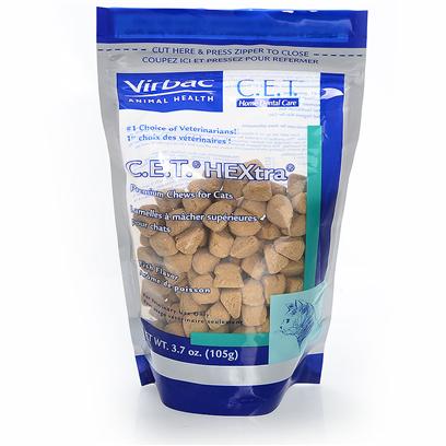 Virbac Presents C.E.T. Hextra Premium Chews for Cats Fish Flavor 3.7oz. Home Dental Care is as Important for your Pets as it is for You. A Program of Oral Hygiene and Regular Professional Care can Prevent Problems that Might Occur as the Result of Plaque and Tartar Buildup. Routine Home Dental Care should be a Part of Every Pet's Health Care Program. C.E.T. Hextra Premium Chews for Cats Contains Chlorhexidine, Combined with the Chewing Action will Help Reduce Plaque and Tartar Build Up on your Cat's Teeth. Give your Cat Up to 5 Chews Daily, or as Directed by your Veterinarian, to Help Reduce Plaque and Calculus. This Product is Intended for Intermittent or Supplemental Feeding Only. As with any Pet Product, it is not Intended for Human Consumption. Please Keep out of Reach of Children and Wash Hands After Handling. The Oral Hygiene Benefit of Cet Hextra Chews can only be Achieved by Adequate Chewing Action. Gulping Whole Chews will Reduce the Efficacy and can be Harmful to your Pet. [37226]