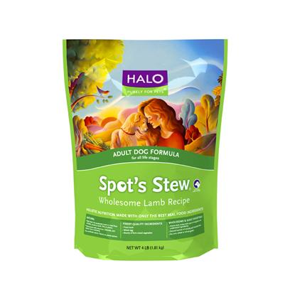 Halo Presents Halo Spot's Stew Wholesome Lamb Recipe Adult Dog Food 14 Lbs. Holistic Nutrition Made with only the Best Real Food Ingredients. Made with a Unique Blend of 3 Protein Sources, Healthy Whole Grains, Fruits and Vegetables for Pure Nutrition and High Digestibility. No Chicken Meal or Other Rendered Animal Parts. No Corn, Wheat or Wheat Gluten. Real Food with Simple Ingredients you Know and Recognize. Slow Cooked Complete and Balanced Recipes. [37294]