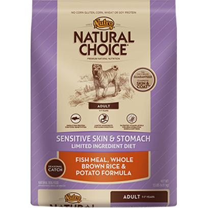 Nutro Presents Nutro Natural Choice Sensitive Skin/Fish Meal Whole Brown Rice & Potato Formula Adult Dog Food 30lb Bag. Nutro Natural Choice Sensitive Skin / Fish Meal, Whole Brown Rice & Potato Formula Adult Dog Food. Dogs with Sensitive Skin and Sensitive Stomachs can Benefit from Foods Rich in Omega-3 Fatty Acids. Which is Why Natural Choice® Sensitive Skin and Stomach Adult Dog Food is Made with Seasonally Caught Fish. This Delicious, Healthy Blend, is Made with Whole Brown Rice and Potatoes, has Patented Vitamin Levels for Skin Hydration and a Soft, Shiny Coat. [37443]