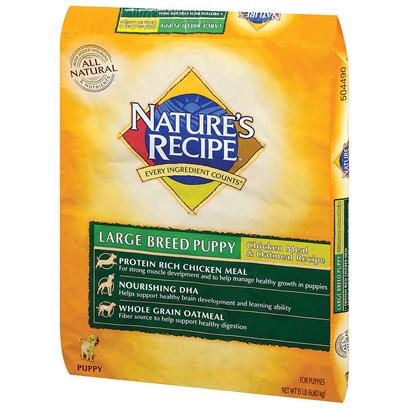 Del Monte Presents Nature's Recipe Large Breed Chicken Meal and Oatmeal Puppy-15lb. Go Big or Go Home our Blend of Chicken Meal, Oatmeal and Barley Helps to Deliver the Nutrients Required to Help Promote Healthy Skin, and Strong Muscles and Joints. And when Fed According to Guidelines, it Helps your Dog Maintain an Ideal Body Weight, Making Nature's Recipe Large Breed Chicken Meal and Oatmeal Recipe the Nutritious Food for Healthy, Active, Big Dogs.Our Large Breed Recipe is Specially Designed for Large Breed Dogs over 50 Pounds and is Made without Many of the Common Ingredients that may Cause Food Intolerance in Dogs. This Complete and Balanced Maintenance Diet Contains no Beef, Corn, Wheat, Soy, or Dairy Products. Instead, Nature's Recipe Chicken Meal and Oatmeal Large Breed Dog Food is Made with a Blend of Carefully Selected, High Quality Ingredients Such as Chicken Meal, Oatmeal, and Barley to Help Promote Healthy Skin and Gastrointestinal Health while Providing the Customized Nutrition your Large Breed Dog Needs to be Healthy, Active, and Happy. [37631]