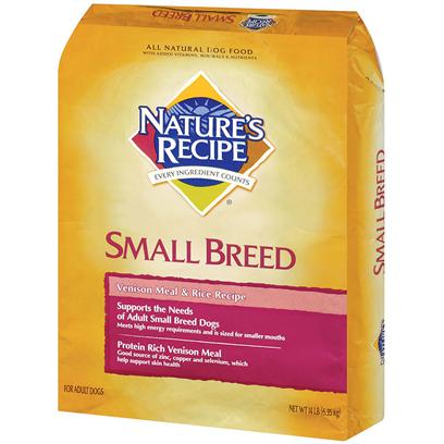 Del Monte Presents Nature's Recipe Small Breed Venison Meal & Rice 14lb Bag. Healthy Oats Make for Shiny Coats Developed with Small Breed Adult Dogs in Mind, Nature’S Recipe Small Breed Venison Meal and Rice Recipe is Made with Protein Rich Venison Meal and Contains Copper, Zinc and Selenium—Essential Minerals that Help Maintain a Healthy, Shiny Coat. Throw in some Oats for Fiber, and Now you’Ve Got a Recipe that Helps Support Healthy Digestion Too. Each Piece is Designed for Small Mouths and Packed with High-Quality Venison for Protein, Perfect for Even the Highest Energy Pup. Nature's Recipe Venison Meal & Rice Small Breed Dog Food Meets all the Special Needs of your Small Breed Dog. By Offering Venison (a Rich Protein Source) Along with a Combination of Minerals, Including Zinc and Copper, this Food will Prove to be a Flavorful Meal for your Little Four-Legged Friend. [37637]