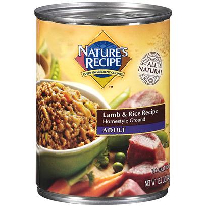 Del Monte Presents Nature's Recipe Adult Dog Food Lamb & Rice Cuts in Gravy 13.2oz - Case of 12. Nature's Recipe Adult Dog Food Lamb & Rice Recipe Cuts in Gravy, Each can of Nature's Recipe® Lamb & Rice Recipe Homestyle Ground You'll Find Tasty Lamb and Rice, with Other Ingredients, Cooked and Mixed, to Provide the Nutrients Required to Power your Dog's Metabolism and Alertness. [37648]
