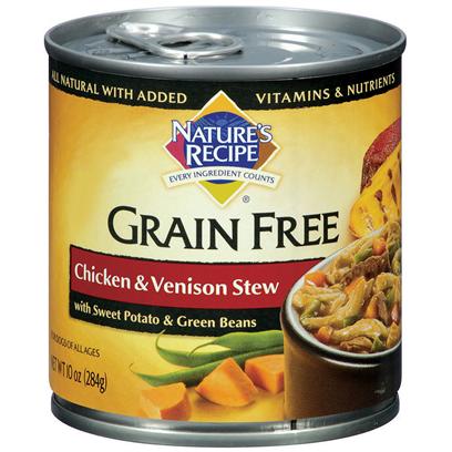 Del Monte Presents Nature's Recipe Grain Free Chicken and Venison Stew with Sweet Potato Green Beans Dog Food 10oz - Case of 24. All the Trimmings without the Grains Nature's Recipe Grain-Free Chicken and Venison Stew with Sweet Potato and Green Beans Features a Savory Combination of Protein-Rich Chicken and Venison and Other all-Natural Ingredients with Added Vitamins & Nutrients. This Special Grain-Free Wet Recipe is Designed to be Easy-to-Digest for Dogs of all Ages—from the Fussiest Eater, to the Dogs that Devour Absolutely Everything; your Pooch Won't Stop Until they Gobble Every Morsel Up. [37657]