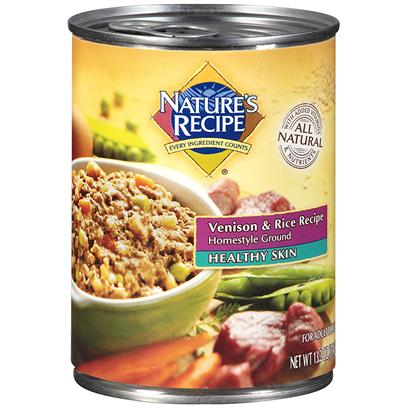 Del Monte Presents Nature's Recipe Healthy Skin Venison and Rice Homestyle Ground Dog Food 13.2oz - Case of 12. Our Famous Nature's Recipe Healthy Skin Canned Venison & Rice Recipe Homestyle Ground - Venison, Brewers Rice, and Added Minerals Like Copper and Zinc. It's a Wholesome, Complete, and Balanced Maintenance Diet for your Dog, Formulated with High-Quality Animal Protein and Designed to Help your Dog's Hair. [37661]