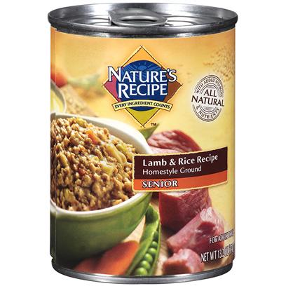 Del Monte Presents Nature's Recipe Senior Lamb and Rice Homestyle Ground Dog Food 13.2oz - Case of 12. Old Age Shouldn't Mean we Stop Doing the Things we Love. It just Means Modification. Nature's Recipe Senior Lamb & Rice Recipe Gives Dogs the Protein and Carbs they Need, but also Adds Vitamins and Minerals so Senior Dogs can Maintain an Active Lifestyle. It's a Complete Diet that Gives Seniors all the Added Nutrition they Need to Chase Old Cats and Vintage Cars. [37664]
