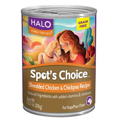 Halo Presents Halo Spot's Choice for Dogs Grain-Free Shredded Chicken & Chickpea Recipe 5.5oz-Case of 12. Halo Spot’S Choice Grain-Free Shredded Chicken & Chickpea is a Wholesome Pure and Simple Recipe for Dogs. Grain-Free Single Protein Recipe with the Finest Quality Ingredients. A Complete and Balanced Formula Made with Tasty Shredded Pieces of Roasted Chicken, Nutrient Rich Vegetables, Antioxidants, Fats, Vitamins and Chelated Minerals with no Artificial Colors, Flavors or Preservatives. [37665]