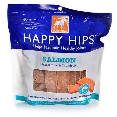 Dogswell Presents Dogswell Happy Hips Salmon Jerky Treats 15oz Bag. Dogswell Salmon Happy Hips Dog Jerky Treat 15 Oz Bag Dogswell Salmon Happy Hips are Made with Protein Rich, all Natural Salmon Jerky, Scientifically Formulated and Lovingly Prepared. Dogswell Happy Hips Salmon are Made with Glucosamine and Chondroitin for your Dog's Overall Joint Health. [37686]