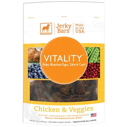 Dogswell Presents Dogswell Vitality Jerky Bars Beef & Veggies 15oz Bag. Dogswell Vitality Beef and Veggies Jerky Bars Uses only U.S. Farm Raised Beef which is a Great Source of Omega-6 and Fatty Acids. Then they Combine Fruits and Vegetables for a Balanced, Grain-Free Jerky Treat. [37688]