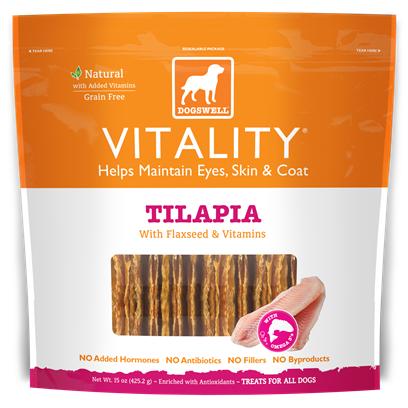 Dogswell Presents Dogswell Vitality Tilapia Jerky 15oz Bag. Our Jerky Treats are Delicious and Nutritous! Each Treat is Rich in Protien, Vitamins, and Nutrients. They are Low in Fat, Calories and Sodium so that they are Easily Digestible. Our Tilapia is Raised in Eco-Freindly Aquaculture Environments and without the Use of Antibiotics or Hormones. Tilapia is Low in Mercury and a Good Source of Omega 3 & 6 Fatty Acids. The Vitality Formula Contains Antioxidant-Rich Flaxseeds and Vitamins a&E to Help Maintain Eyes, Skin, and Coat. [37692]