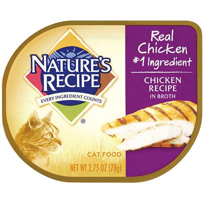 Del Monte Presents Nature's Recipe Chicken in Broth Cat Food 2.75oz - Case of 18. Nature's Recipe Chicken Recipe in Broth Cat Food, Lean Cuts of Chicken, Served in a Flavorful, Healthy Broth? What More Could you Favorite Feline Ask For? That's 5-Star Feline Cuisine. Nature's Recipe Chicken Recipe in Broth Combines the Delicious Flavors your Cat Craves with all the Vitamins and Minerals she Needs to Stay Healthy and Happy for Years to Come. [37693]