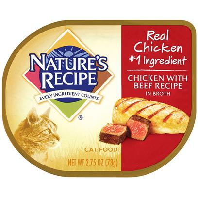 Del Monte Presents Nature's Recipe Cat Food Chicken with Beef in Broth 2.75oz - Case of 18. Nature's Recipe Cat Food Chicken with Beef Recipe in Broth, Give your Cat the Best of Both Worlds Chicken and Beef, it has Everything a Hungry Cat Could Ever Ask For. Is it Rich in Protein? Sure. Does it Contain B-Vitamins to Support Energy Levels? Of Course. Does all of that Get Even Better Served with the Tag-Team Flavors of Chicken and Beef? Just Ask your Cat. Nature's Recipe is More than Confident that you will have a Happier and Healthier Cat. [37694]
