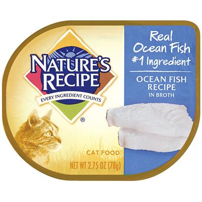Del Monte Presents Nature's Recipe Ocean Fish in Broth Cat Food 2.75oz - Case of 18. Nature's Recipe Ocean Fish Recipe in Broth is Made from Big Chunks of Ocean Fish and Bathed in a Broth with Vitamins and Minerals. What More can a Cat Ask For? Vitamin E Supports your Cat's Skin and Coat and the Fish, Well, they do what Fish do Best - Taste Great. Your Favorite Feline will Love you Even More than they Already do from the Very First Time you Pop Open the Can! [37695]
