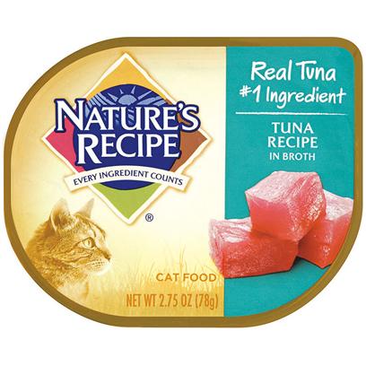 Del Monte Presents Nature's Recipe Tuna in Broth Cat Food 2.75oz - Case of 18. Nature's Recipe Tuna Recipe in Broth Combines Tender Chunks of Real Tuna with a Delicious, Flavorful Broth your Cat Can't Resist. Plus, it's Full of all the Protein and Minerals your Cat Needs to Stay in Top Yarn-Chasing Form, Even Past the Kitten Stage. [37697]
